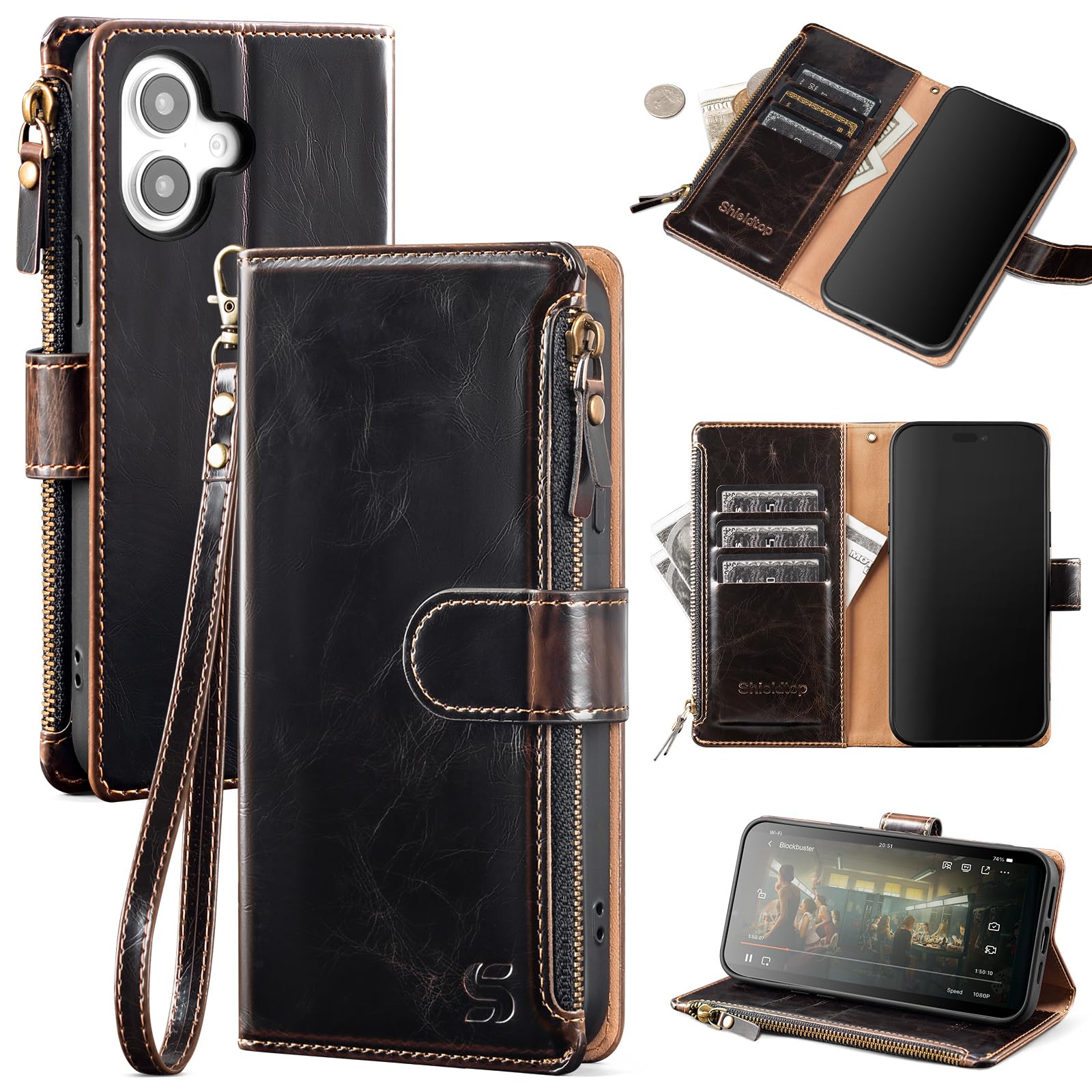 Shieldtop Compatible with iPhone 16 Wallet Case with Card Holder,Women Men RFID Blocking PU Leather Flip Cover Wrist Strap Zipper Credit Card Slots,Phone Case for Apple 16 6.1",Coffee