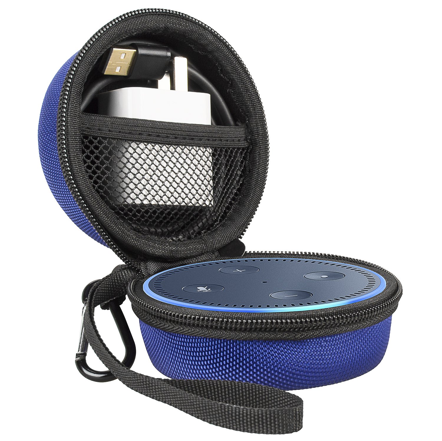 Echo Dot Case, 711TEK Portable Carrying Travel Bag Protective Hard Case Cover with Screw-Lock Carabiner, Fits Phone Headset, Charger and USB Cable (Black) (Blue)