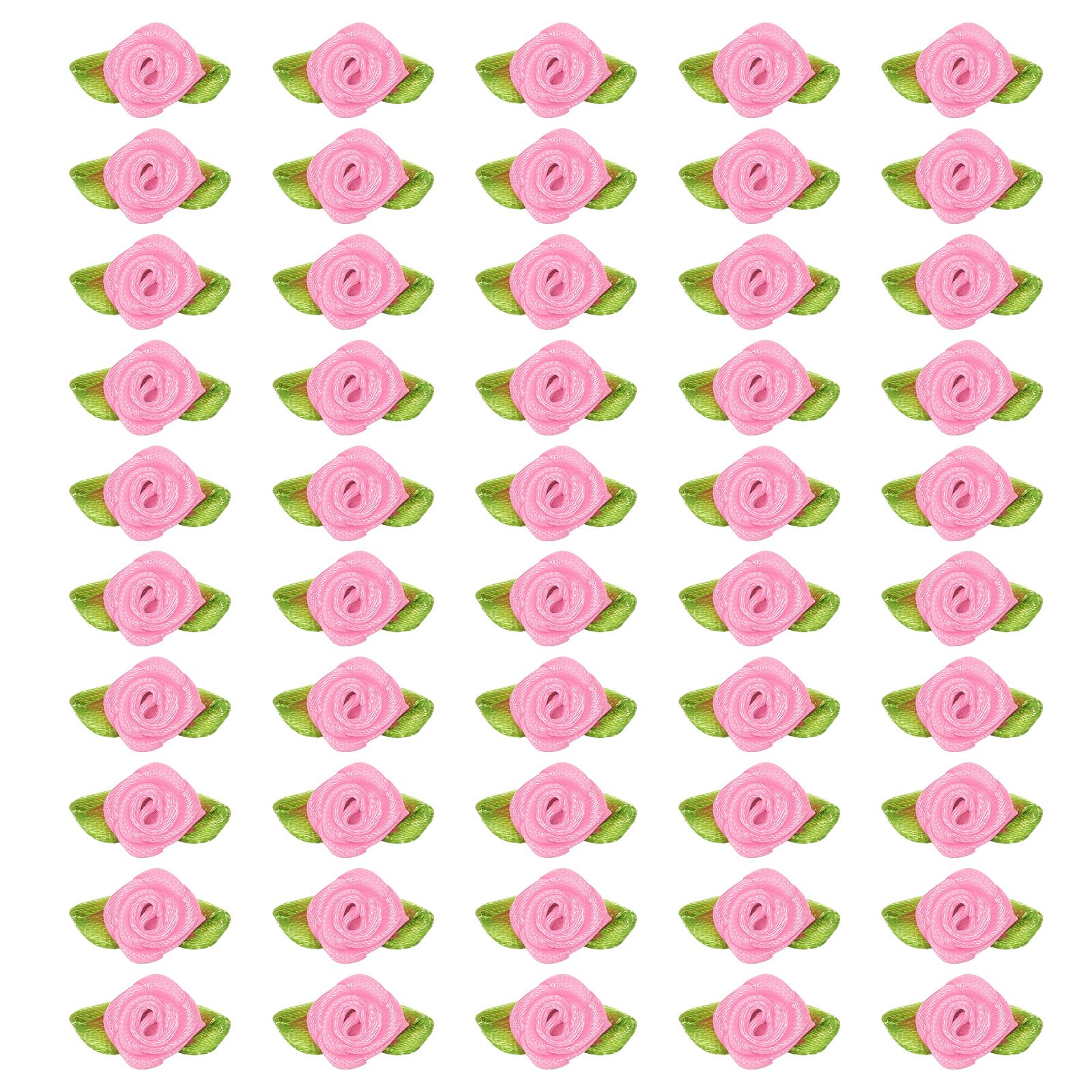 PATIKIL 15mm Tiny Satin Ribbon Rose, 100 Pcs Fabric Flowers Embellishments Rosettes Applique with Green Leaves for DIY Crafts Wedding Decor, Pink