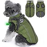 HezzLuv Waterproof Dog Jacket with Built-in Harness, Winter Snow Dog Warm Coat for Small, Medium Dogs, Cold Weather Cozy Vest Clothes with Luminous Pendant and Reflective Strips, Adjustable Straps