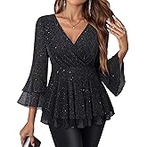 Lotusmile Women's Dressy Blouses Ruffle 3/4 Sleeve Peplum Sparkly Tops