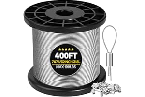 LYNVIRE 316 Stainless Steel Cable, 400FT 1/32IN Wire Rope 7 * 7 Strand with 100Pcs Aluminum Sleeves Stops, Guide Wire for Outdoor String Lights for String Lights Hanging, Clotheslines, Trellis (400FT)