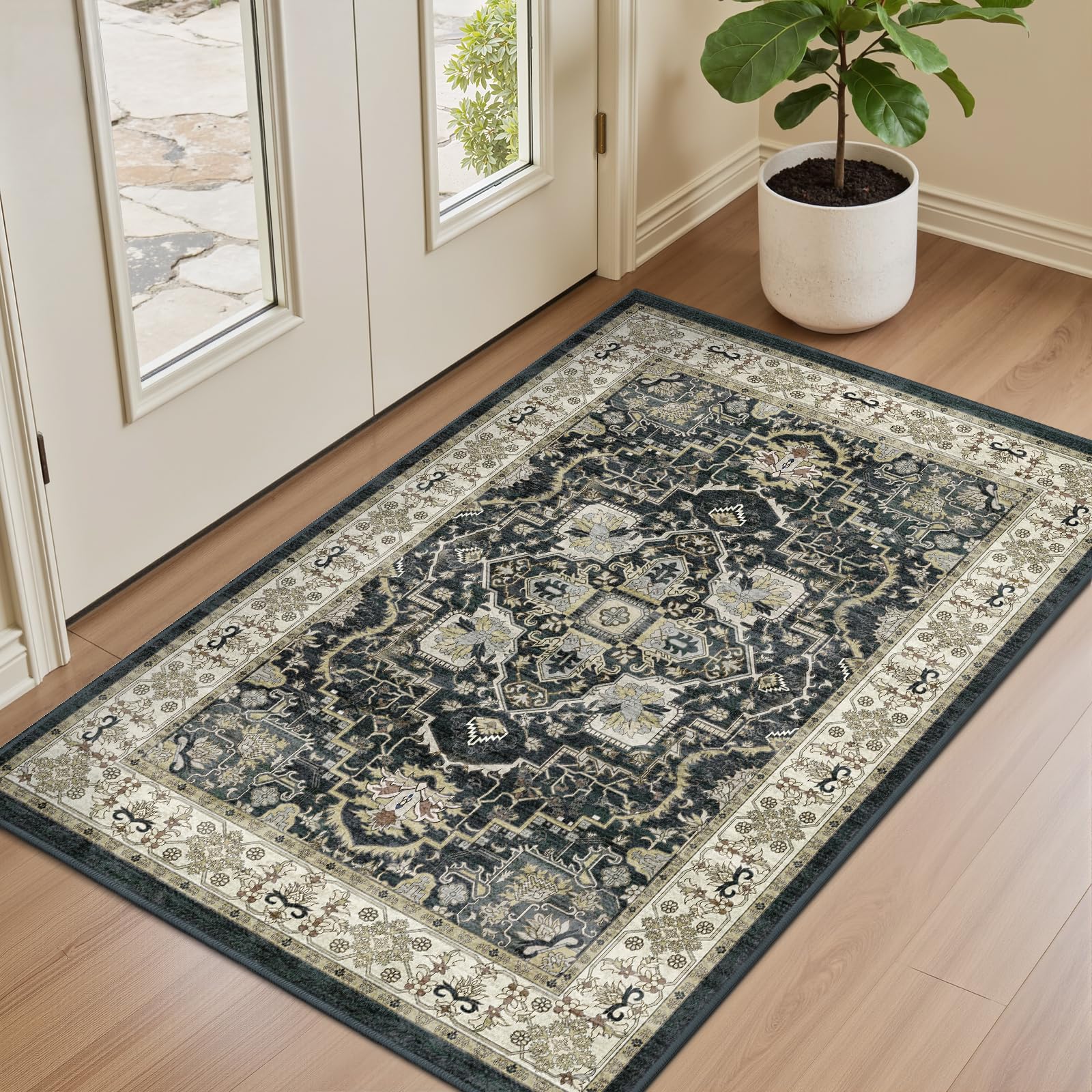 EiniHliw Washable Entryway Runner Rug - 2x3 Kitchen Rug Distressed Low Pile Mats Non Slip Soft Rugs for Dining Room with Rubber Backing Bedroom Runner with Vintage Design (Black 2x3)