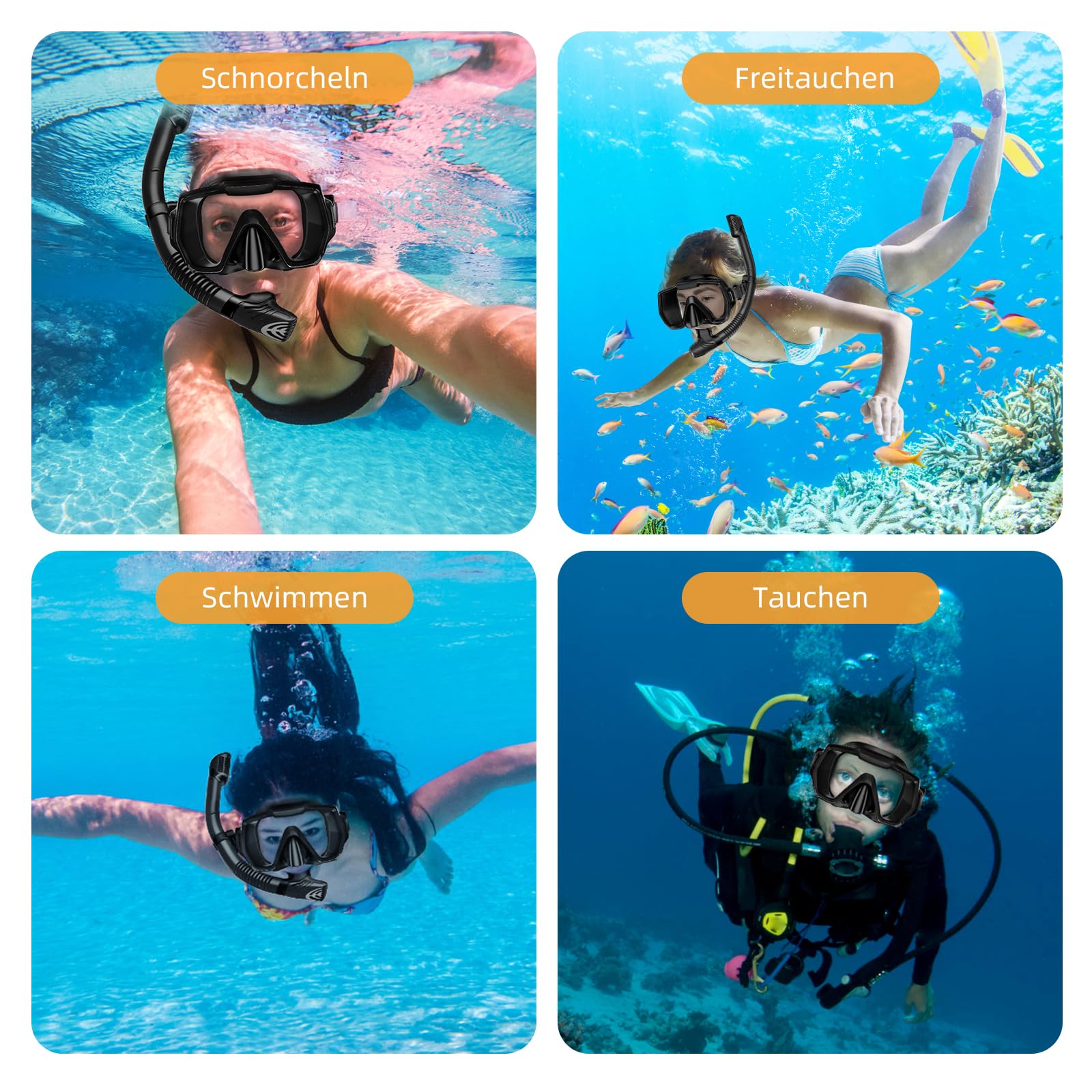 Schnorchelset Erwachsene Schnorchelausrüstung Anti-Leck und Anti-Beschlag gehärtete Glaslinse Panoramablick Schwimmmaske Trockenschnorchel-Kit für Schnorcheln Tauchen mit Tragetasche Schwarz 6