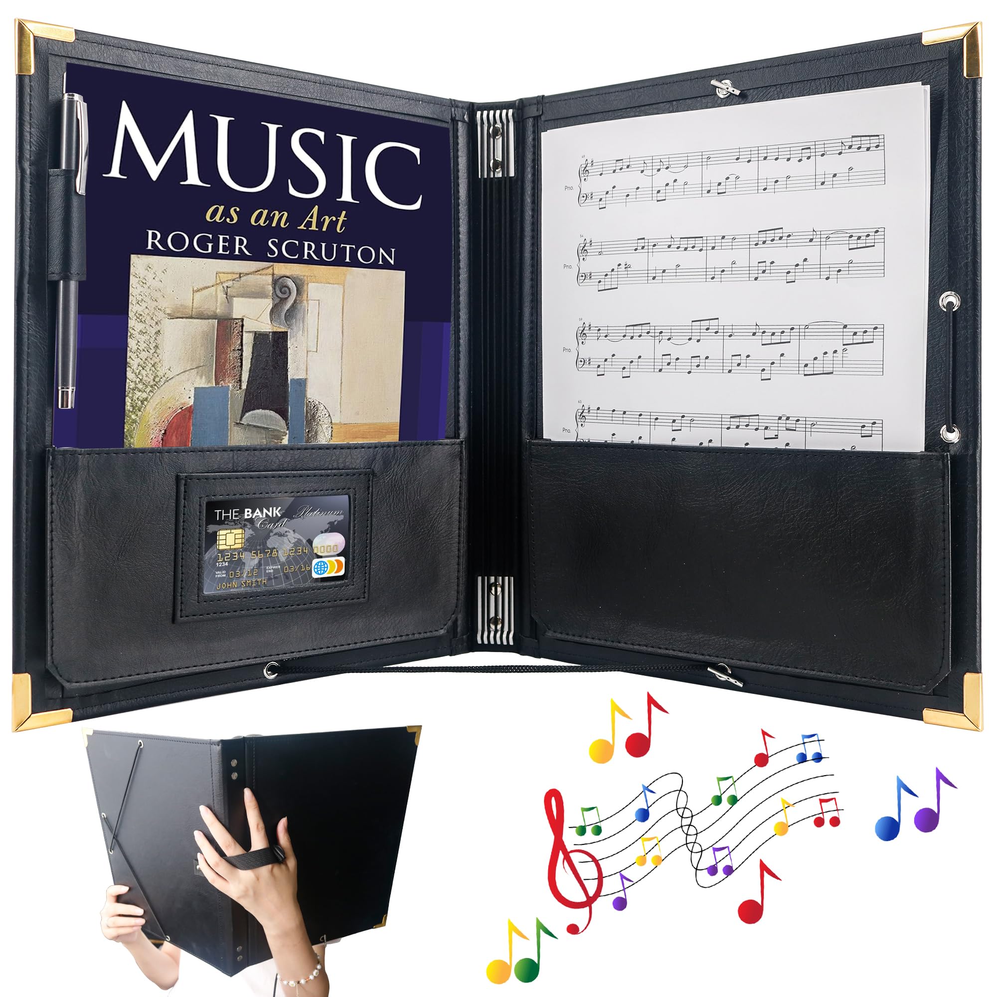 IvyRobes Elastic Cords Sheet Music Folder Black, 12.5" x 10" Piano Music Binder Choir Folder with Hand Strap,Stage Performance for Sheets 8.5x11/A4 — image 1