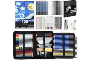 COOL BANK 76 Pack Art Supplies Sketching Kit with 100 Sheets 3-Color Sketchbook, Drawing Pencils Include Graphite Colored Charcoal Watercolor & Metallic Pencils, for Kids Adults Beginner Artists