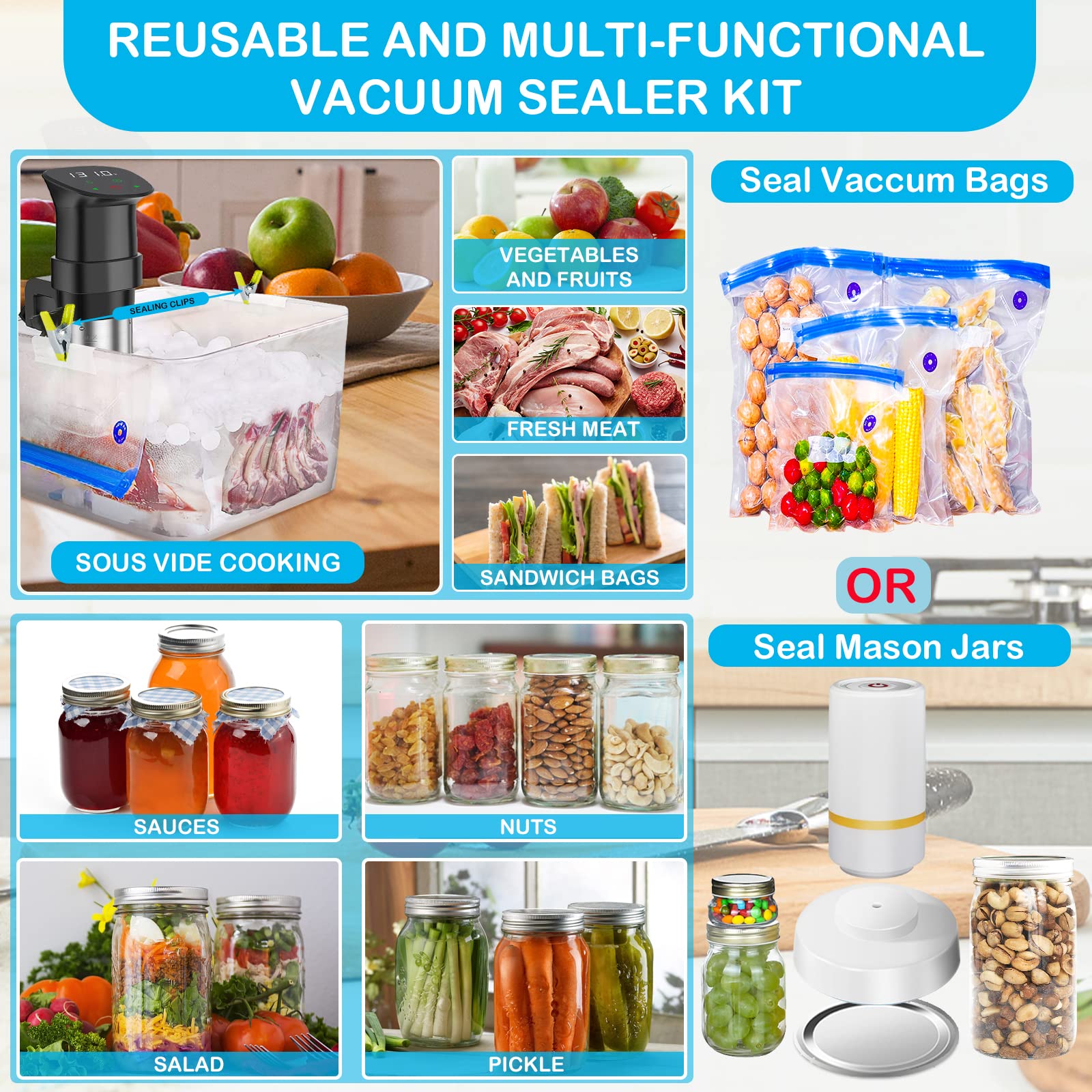 46 PCS Electric Vacuum Sealer, Sous Vide Bags, Handheld Mason Jar Vacuum Sealer & 15 PCS Reusable Vacuum Food Storage Bags for Anova, Joule Cookers, 4 Cooking Clips, 5 Sealing Clips