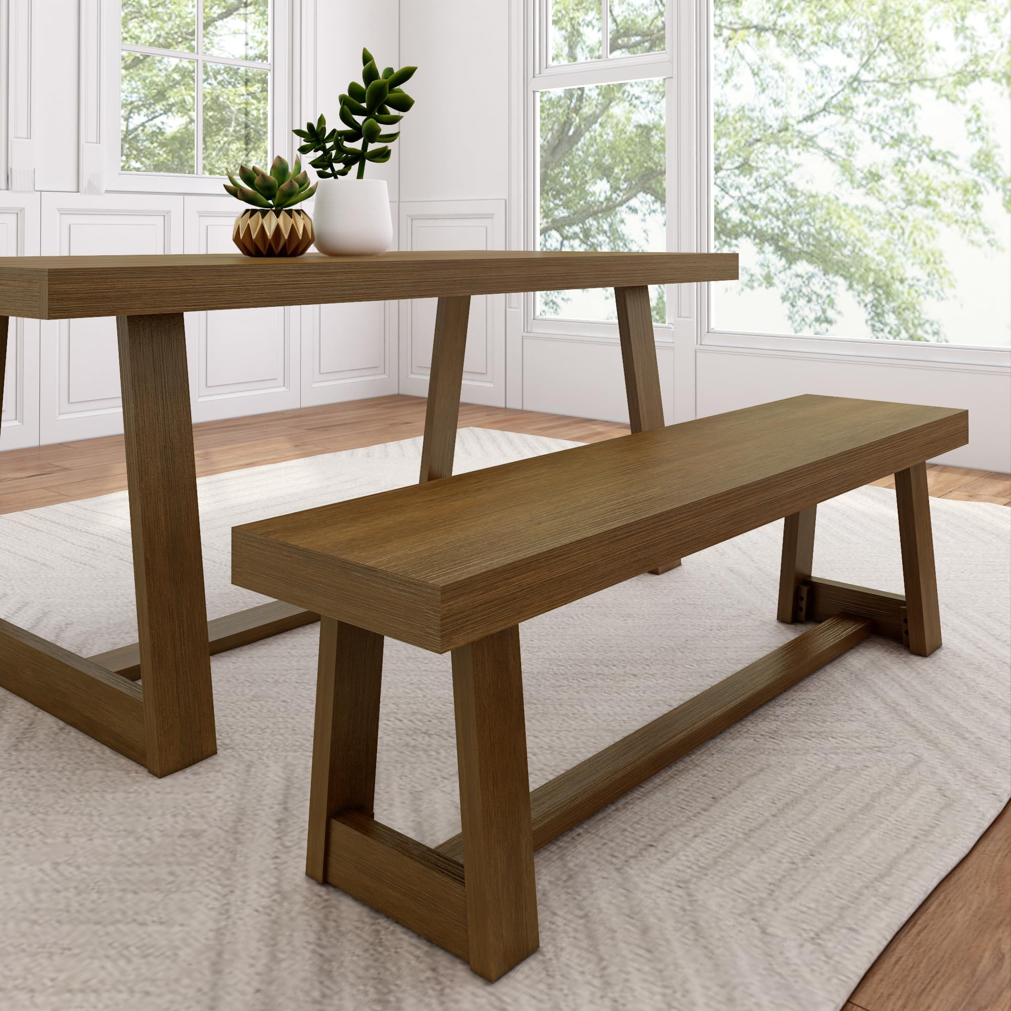 Photo 1 of ***AS IS ***Plank+Beam 60 Inch Farmhouse Dining Bench, Solid Wood Entryway Bench, Wooden Outdoor Bench, Kitchen Dining Seat, Dining Room, Home Office, Living Room Furniture, Easy Assembly, Pecan Wirebrush      