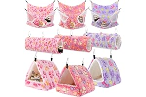 Abbylike 9 Pieces Rat Hammock 3 Tier Guinea Pig Ferret Hammocks Small Pet Hanging Tunnel Glider Toy Guinea Pig Ferret Hideout Bed Cage Accessories for Hamster(Purple, Pink, Rose Red,Paw)