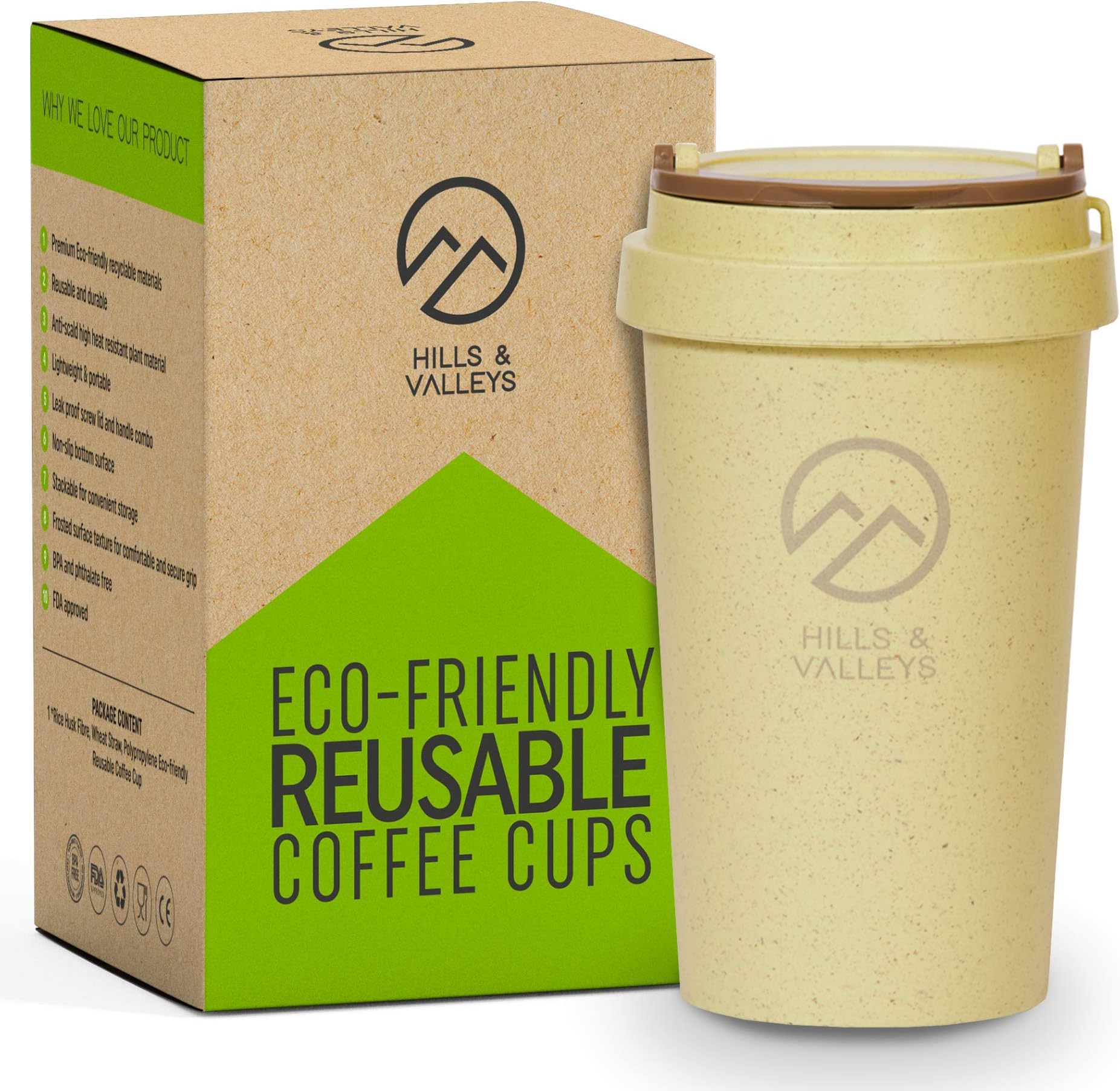 Hills & Valleys Reusable Coffee Cup - Rice Husk Mug with Insulated Wall and Non-Silicone Screw Tight Lid, Travel-Friendly Design with Textured Grip and Non-Slip Base, Olive Green - 350ml