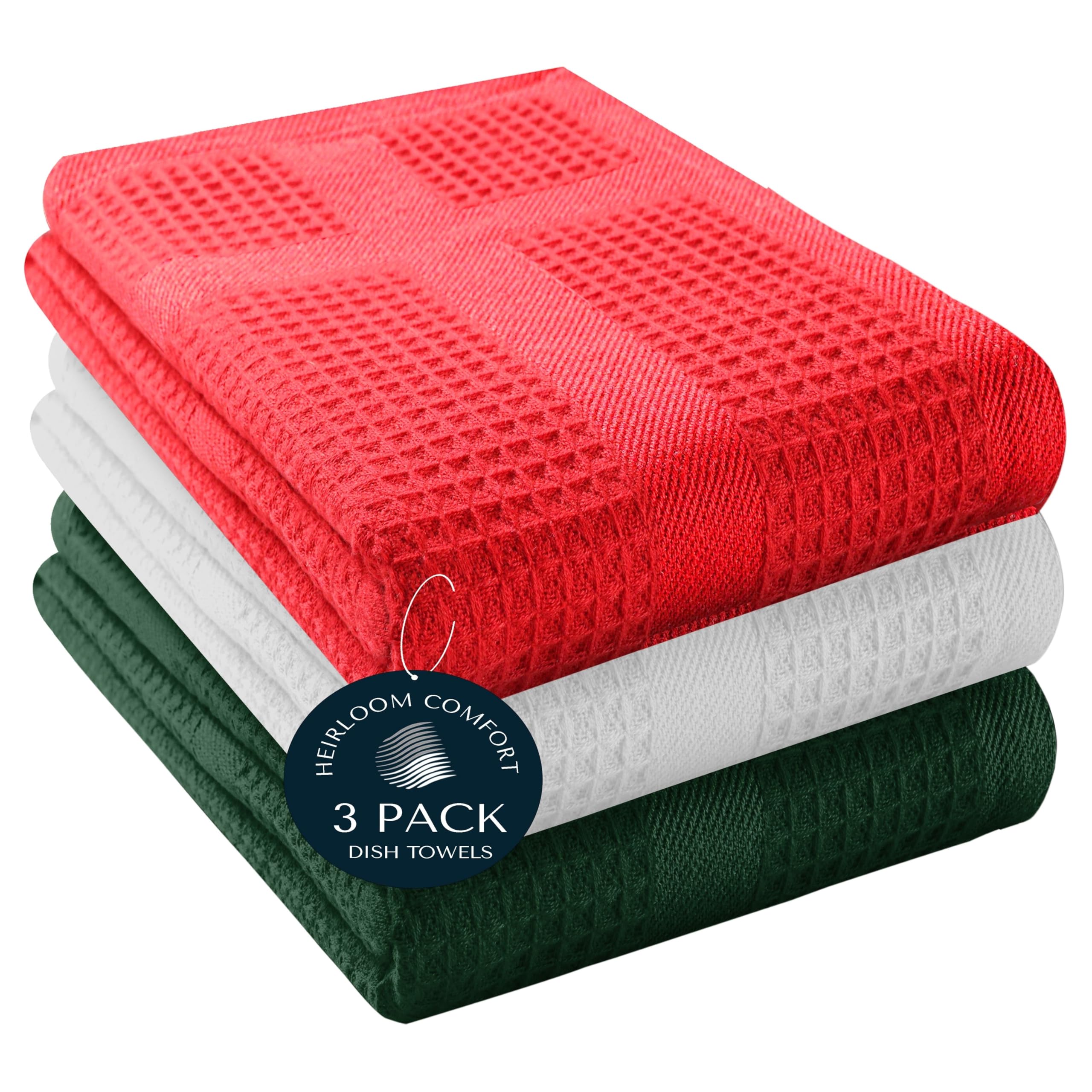 Photo 1 of ** TWO PIECES** HEIRLOOM COMFORT 3 Pack Multi Color Waffle Weave Kitchen Towels, 16x26 Inch, 100% Cotton, Super Absorbent, Quick Dry, Hand Towels for Drying Dishes, Cleaning, Durable - Red, White, Forest Green