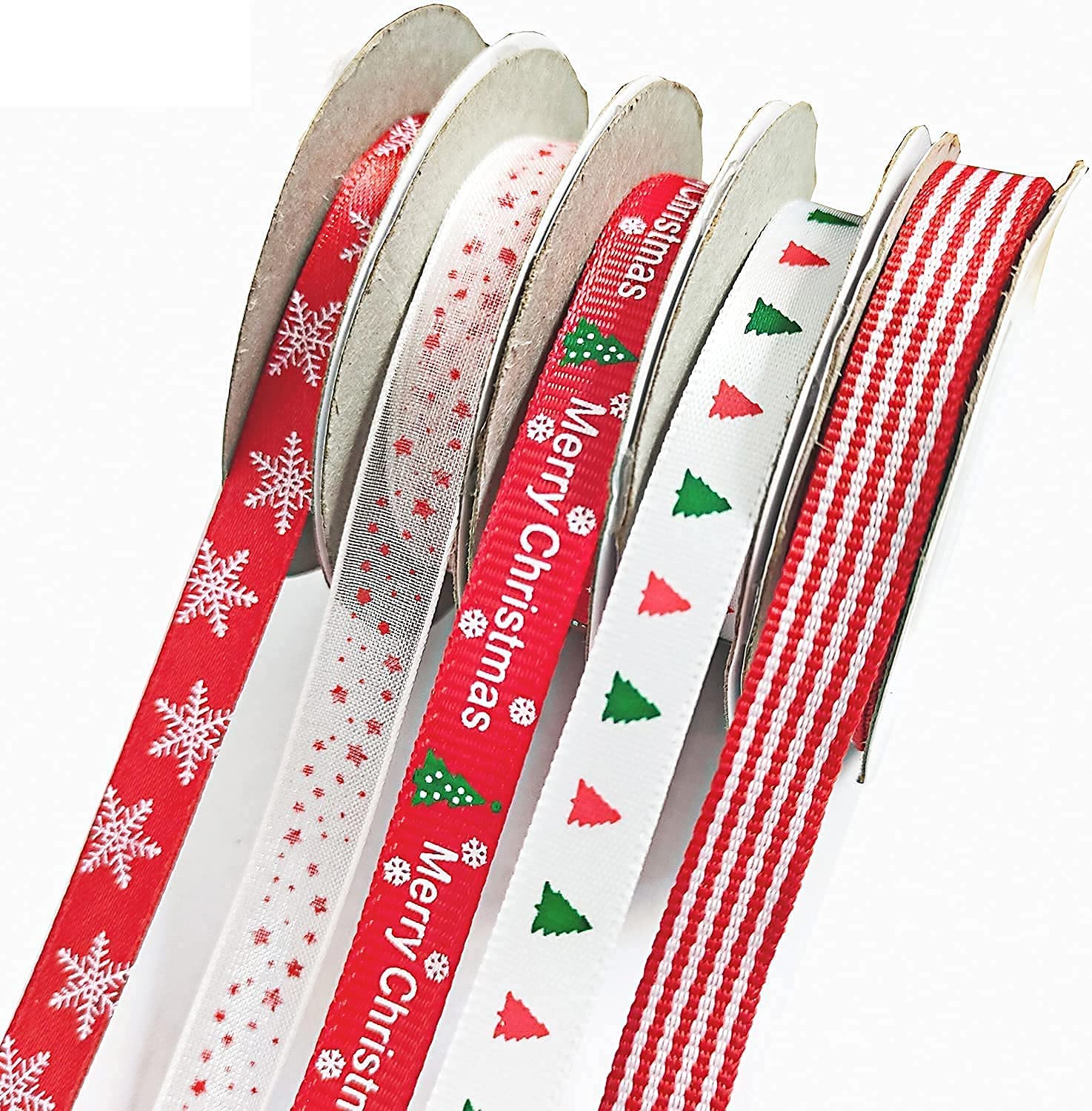 Christmas Ribbons, 5 Rolls Christmas Grosgrain Ribbons Bundle, Xmas Ribbon of 5 Patterns Double Faced Satin Polyester Xmas Ribbon for Gift Wrapping, Wedding, Party (5m/Roll, Width 10mm)