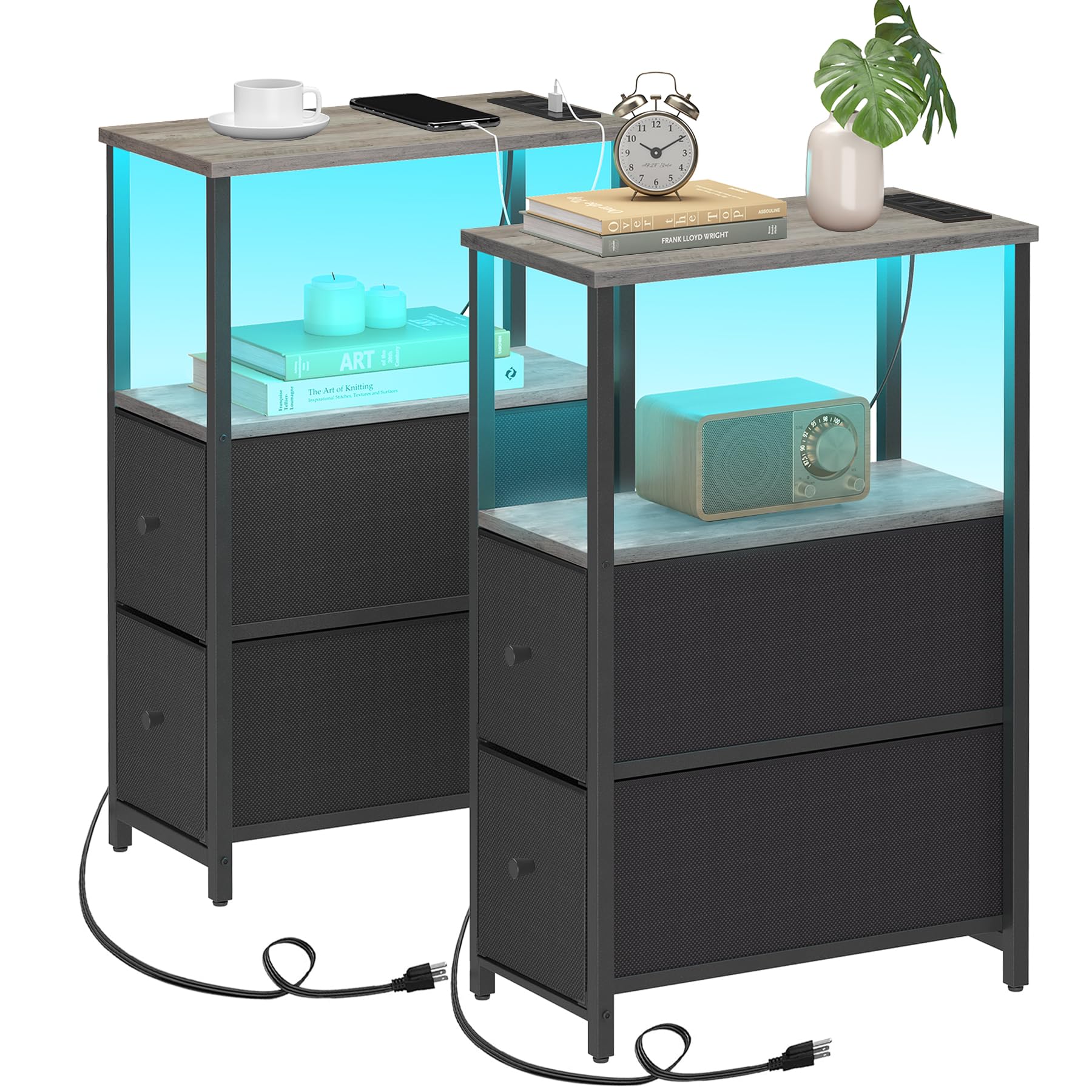 Photo 1 of TUTOTAK Small Narrow LED End Table with Charging Station, Side Table Outlets, Nightstand with 2 Cloth Drawers, Set of 2, Couch Table, for Living Room, Bedroom, Bedside, Greige TB01BG056