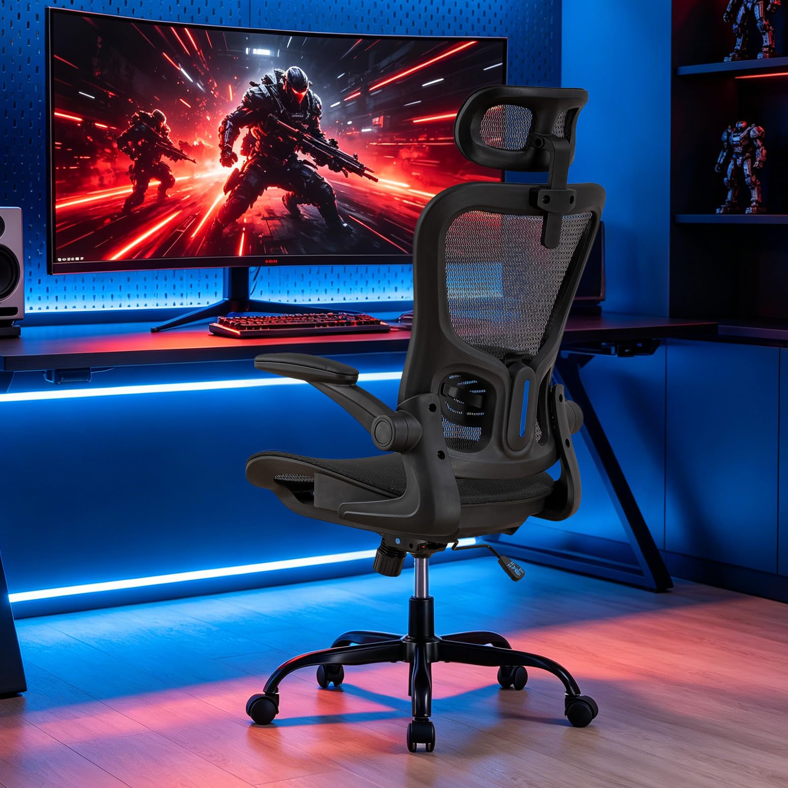 COMHOMA Bürostuhl, Schreibtischstuhl, ergonomischer Netzstuhl, mit doppellagigem Netzgewebe, atmungsaktiv, Adaptive Lendenstütze, verstellbare Kopfstütze, für Homeoffice, Drehstuhl 150 kg, Schwarz 9
