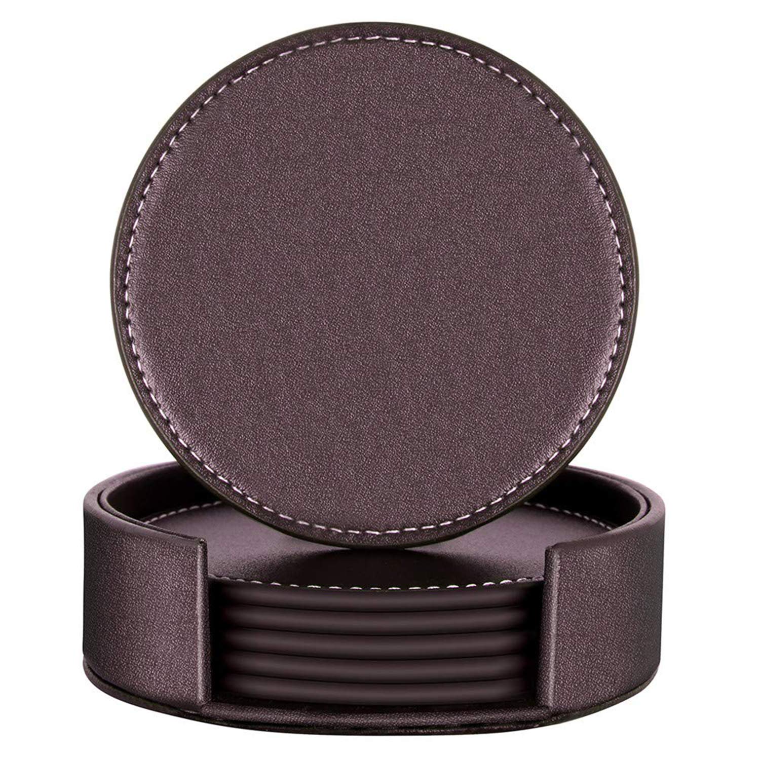 Famibay PU Leather Coasters with Holder Set of 6 Round Drink Coasters Cup Mats Coasters Sets Heat Resistant Table Protector for Home Office Resturant Table Decoration
