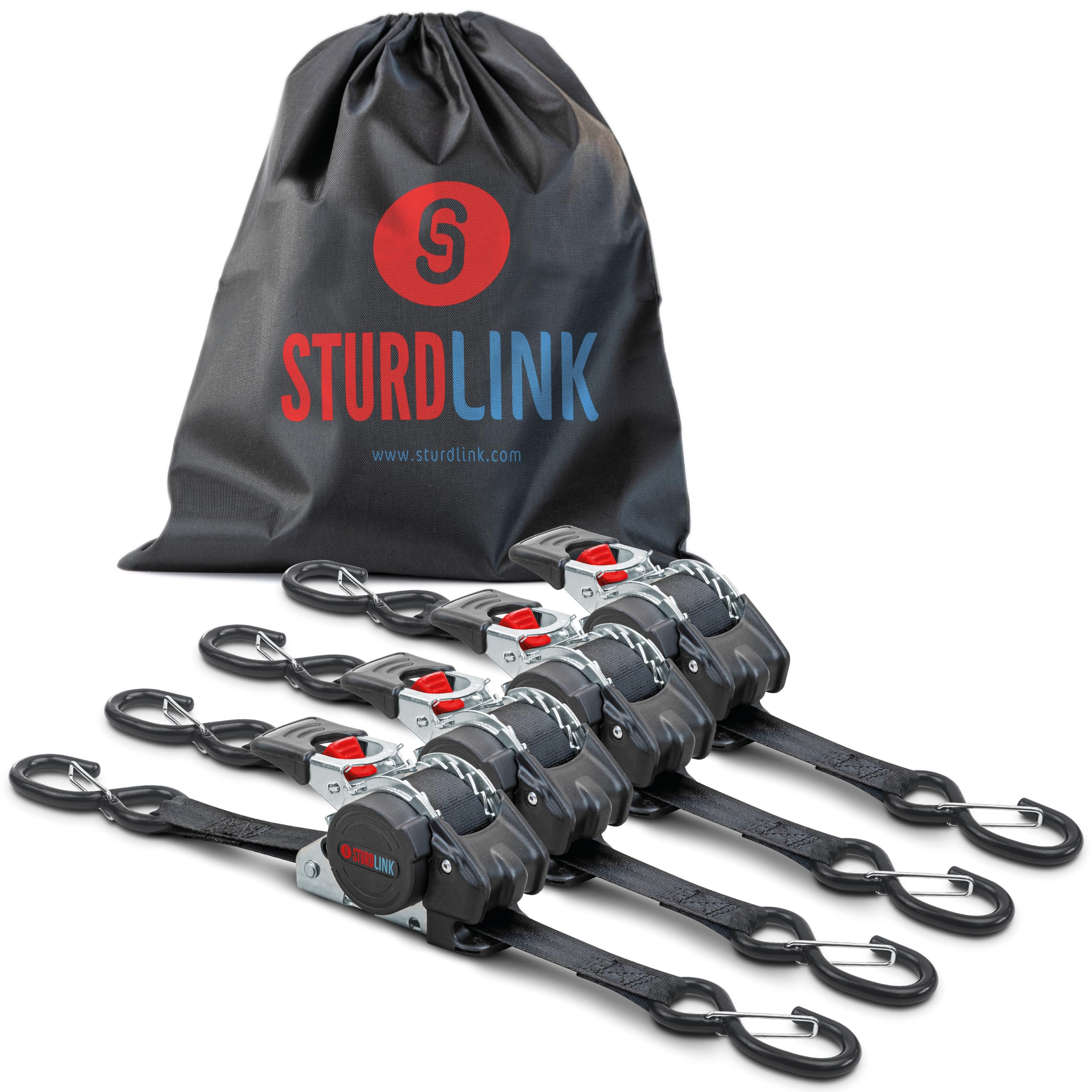 Automatic Ratchet Strap 3m 25mm S-Hook with Latch LC 300daN / 600daN U-Shaped | Automatic Strap Winder | Ideal Attachment Equipment for Trailer Motorcycle Quad Auto | Set of 4 + Bag | EN 12195-2