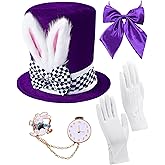 Domkier Easter Bunny Ear Top Hat for Adult Mad Hatter Rabbit Topper Plush Hat White Rabbit Costume Set Halloween Party