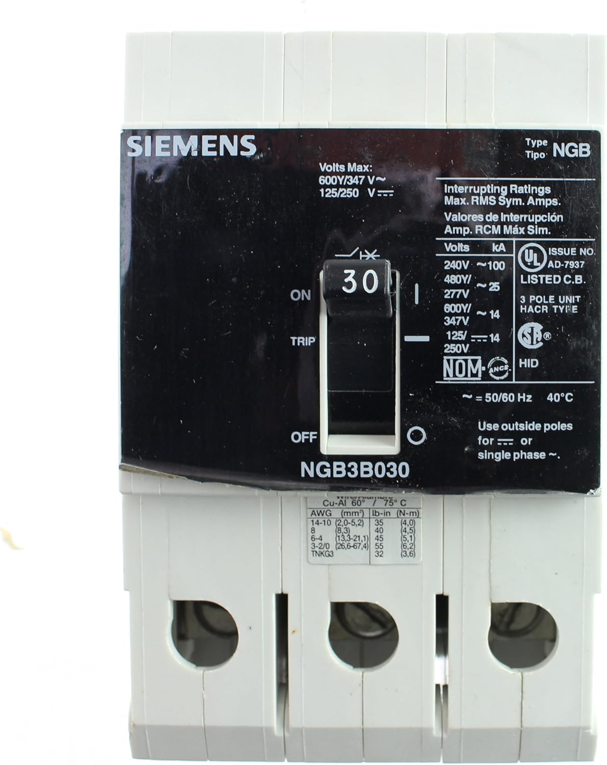 Siemens NGB3B030 Molded Case Circuit Breaker, NGB Type, 3Pole, 30A