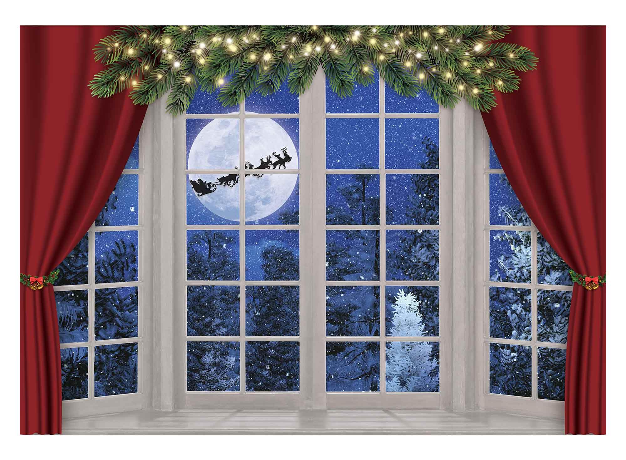 Photo 1 of Allenjoy 7x5ft Christmas Window Photography Backdrop Winter Wonderland Snow Tree Starry Sky Moon Reindeer Santa Xmas Photocall Background Party Banner Decor Baby Kids Family Photo Shoot Booth Props