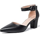 Women's Pointed Toe Pumps Low Block Chunky Heels Closed Toe Ankle Strap Buckle D'Orsay Dress Wedding Bridal Business Shoes