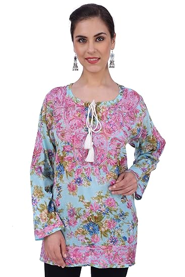 Women's Cotton Chikankari Printed Top - (Multicolor-Large)