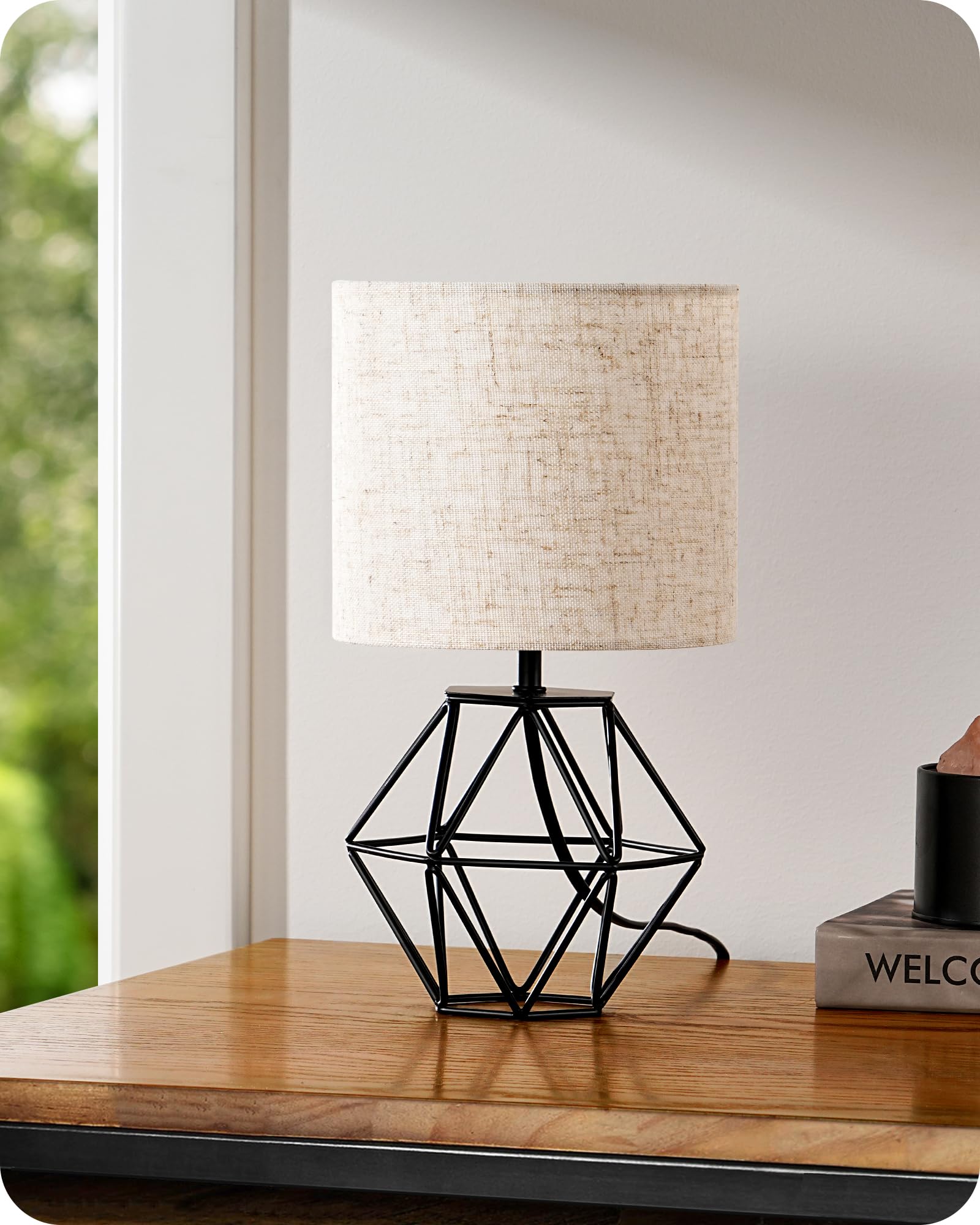 EDISHINE Bedside Lamp, Table Lamp with Metal Cage Base & Linen Lampshade, Modern Lamps for Living Room Bedroom, E14 Socket (Bulb Included), Diamond Cage, Black