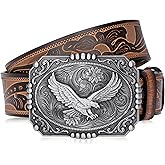 BISON DENIM Men's Western cowboy belt Classic Double embossed leather belts with Printed Engraved Buckle