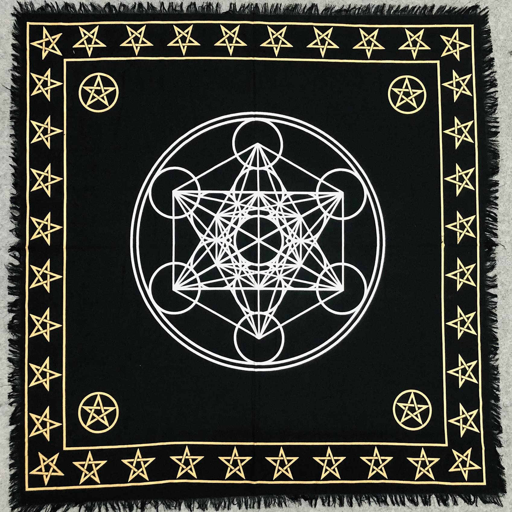 THE ART BOX Altar Cloth Tarot Cards Table Napkins Supplies – 36x36Inch Black Gold Tablecloth Square Spiritual Celestial Deck Cover With Fringes Sacred Geometry Decal