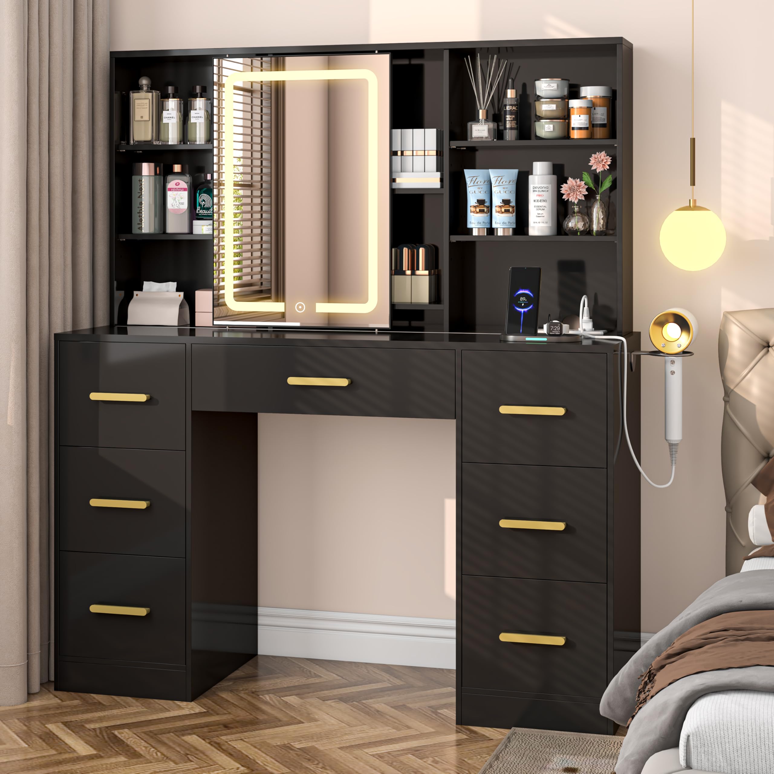 Photo 1 of *HEAVY* 47'' W Large Vanity Desk with Mirror and Lights, 8 Storage Shelves 7 Drawers Vanity Table, Big Makeup Vanity Desk with 3 Lighting Modes, Vanity Dresser with Charging Station, Sliding Mirror (Black)