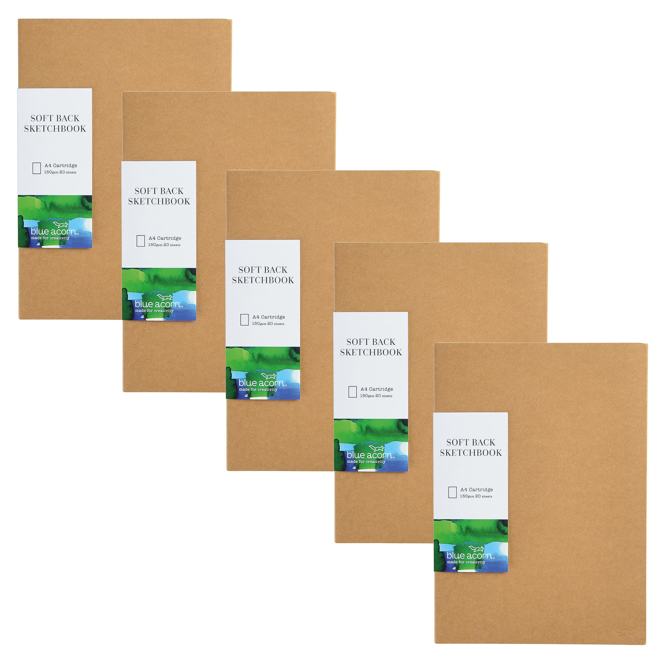 Blue Acorn A4 Sketchbook - 29.7x21cm - 5 Pack - 40 Pages (150gsm) – Brown Kraft Cover - Multi Purpose Paper - Perfect for Artists and Students.