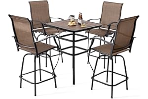NUU GARDEN 5-Piece Outdoor Bar Set - 4 Swivel High Back Textilene Bar Stools & Metal Table with Faux Wood Top, Weather-Resistant Patio Furniture for Backyard, Porch, Garden, Black & Brown