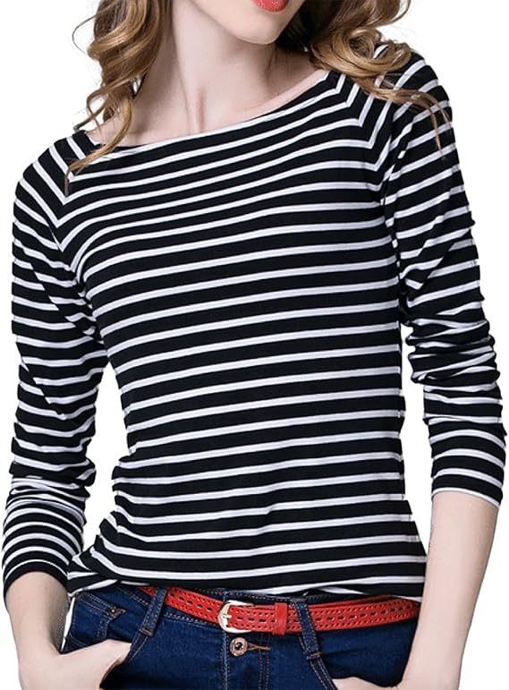 Amazon Elonglin Tシャツ レディース 長袖 セクシー 鎖骨 ボーダー柄 かわいい 長袖tシャツ 秋 一字襟 コットン100 大きいサイズ M 5l Tシャツ カットソー 通販