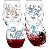 Jingmore 4 Pcs 19 oz Summer Sea Stemless Wine Glasses, Turtle, Starfish, Octopus, Conch Shell Glasses Gifts for Ocean Beach Sea Turtle Lovers Unique Drinking Wine Cups Birthday Gifts for Women Men