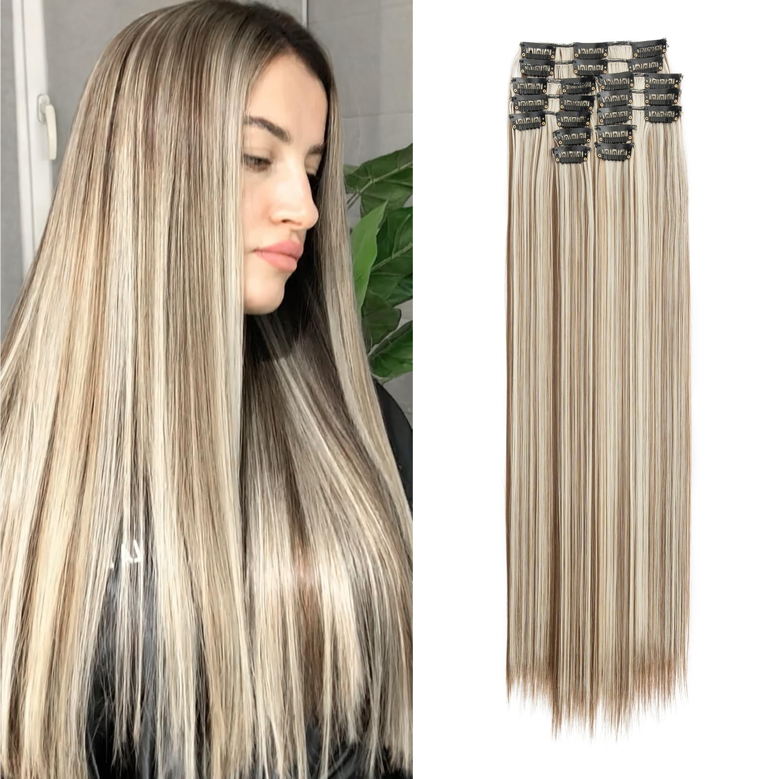 S-Noilite 22 Inches Long Straight Hair Extensions Clip in Full Head 12PCS Hair Extensions Clip on Synthetic Fiber Hairpieces for Women - Dark Ash Blonde Mixed Bleach Blonde