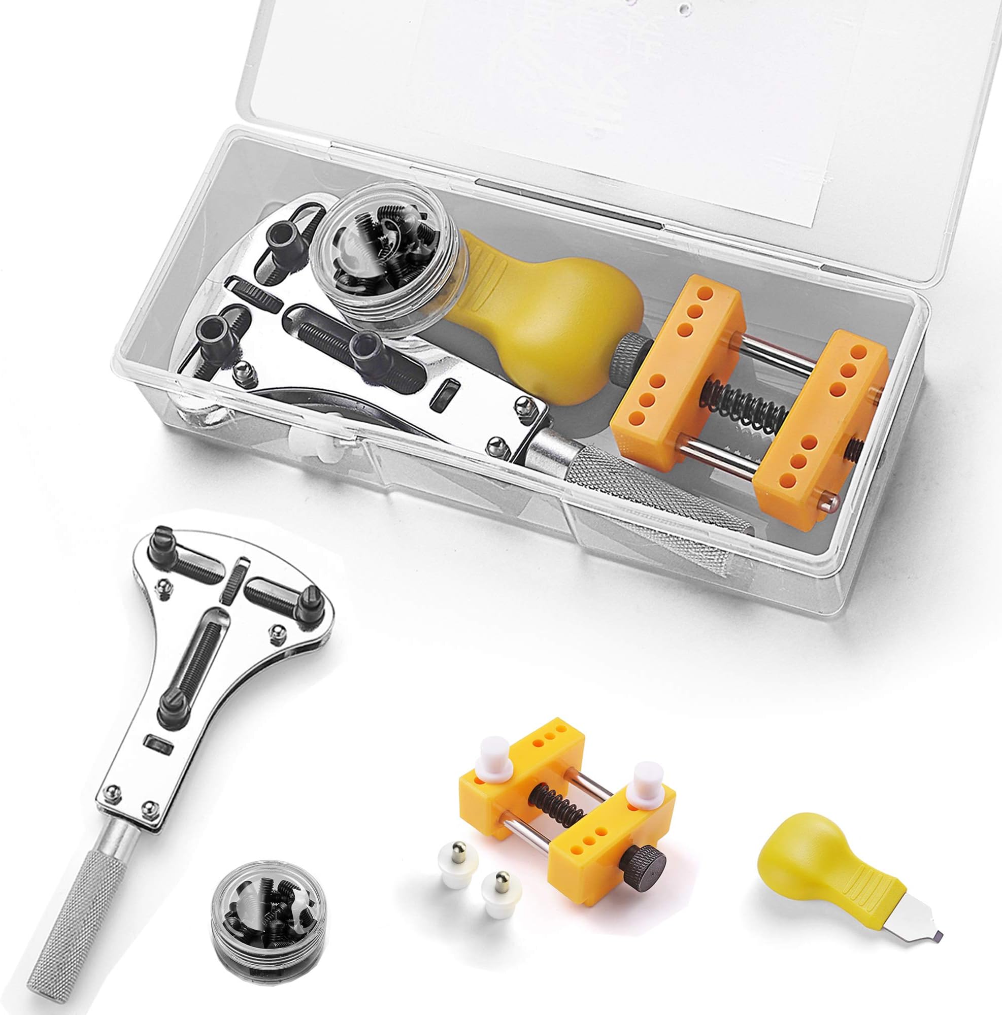 Watch Back Case Opener, Watch Battery Replacement Tool Kit for Watch Repair, 3 Jaw Type XL Tripod Wrench + Adjustable Holder + Opener Knife with Case
