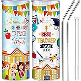 Sieral 2 Pcs Teacher Appreciation Gifts Tumbler Thank You Teacher Stainless Steel Tumbler 20 oz Inspirational Insulated Coffee Cups with Lid Straw Brush Back to School Coffee Mugs for Women
