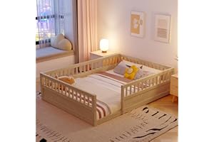 ROCKINGRUN Montessori Floor Bed with Heightened Safety Guardrails, Full Size Solid Pine Wood Floor Bed Frame with Rails for Girls, Boys, Teens, Child Bedroom, Kids Playroom, No Slats Included (Natural)