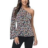 Anna-Kaci Women's Sparkly Sequin Party Tops Long Sleeve One Shoulder Top Blouse Shirts