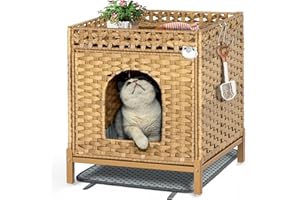 PE Rattan Cat Litter Box Enclosure with Ventilated Base – Hidden Litter Furniture & Indoor Cat House with Cushion Top, Durabl
