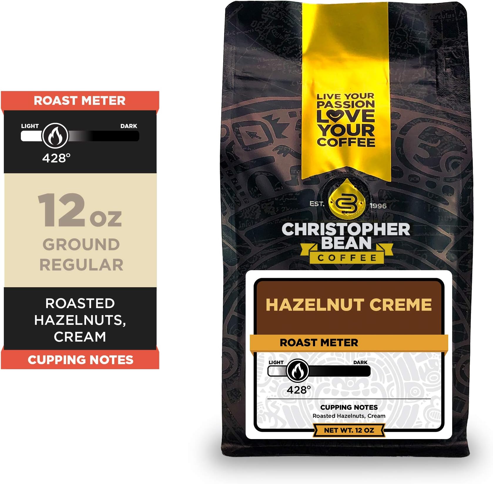 Christopher Bean Coffee - Hazelnut Crème Flavored Coffee, (Regular Ground) 100% Arabica, No Sugar, No Fats, Made with Non-GMO Flavorings, 12-Ounce Bag of Regular Ground coffee