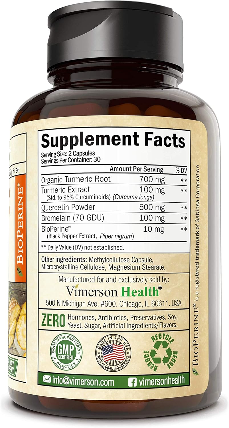 Turmeric Curcumin Bromelain Quercetin and Bioperine. Occasional Joint Pain Relief Supplement. Antioxidant Properties for Immune, Heart and Digestive Health. Supports Healthy Inflammatory Response.: Health & Personal Care