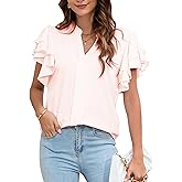 Vipwest Women's Dressy Casual Tops 2025 Summer Ruffle Short Sleeve V Neck Shirts Business Work Pleated Blouse