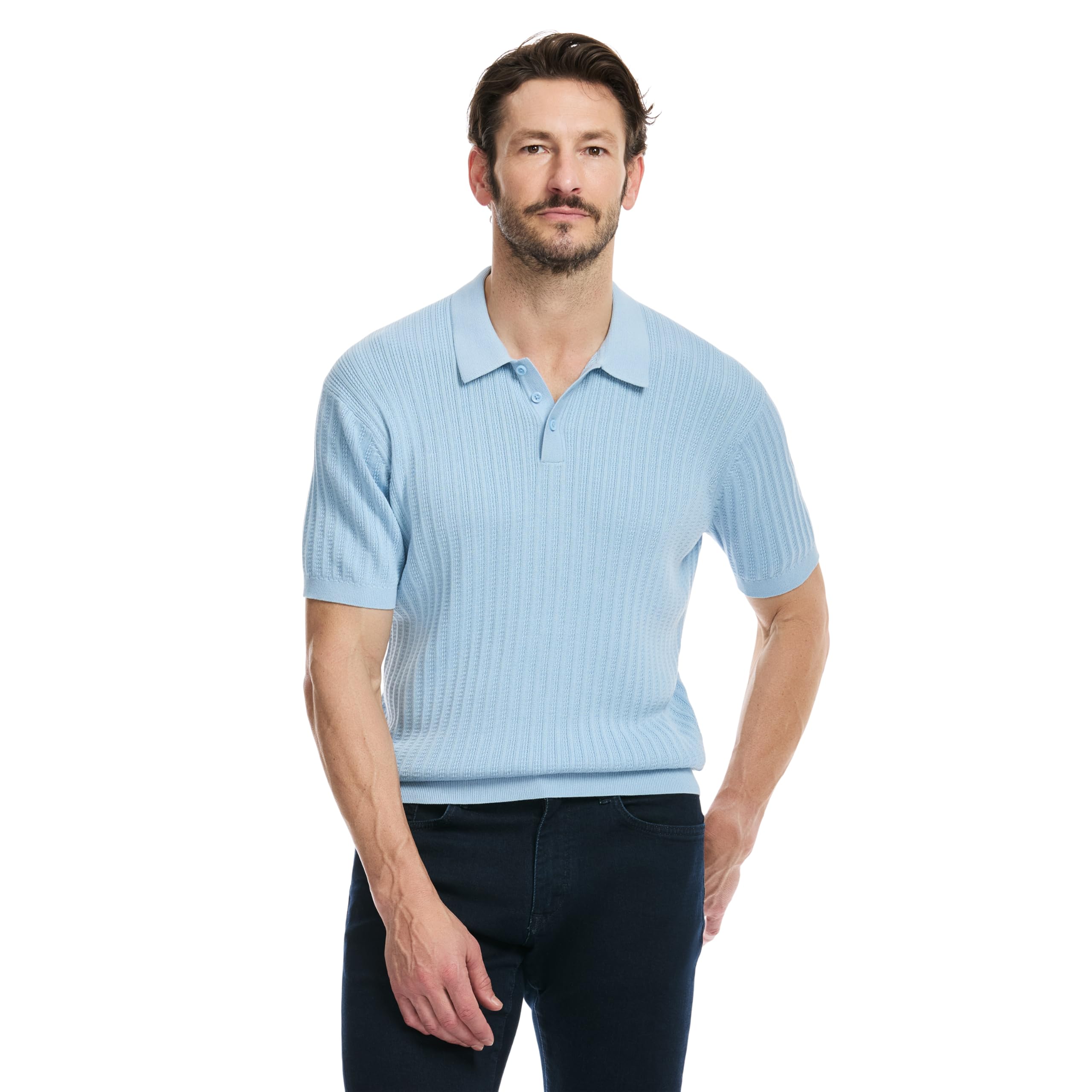 SAKS Fifth Avenue Men’s Short Sleeve Vertical Texture Rib Knit Sweater Polo, Premium Cotton Blend Knit Top, Classic-Fit & Richly Detailed, Sky Blue, S
