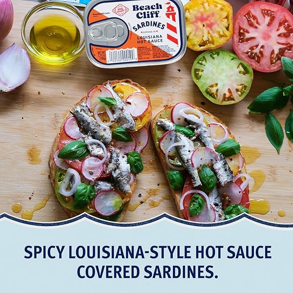 BEACH CLIFF WILD CAUGHT SARDINES IN LOUISIANA HOT SAUCE, 3.75 OZ CAN – 14G PROTEIN PER SERVING – GLUTEN FREE, KETO FRIENDLY
