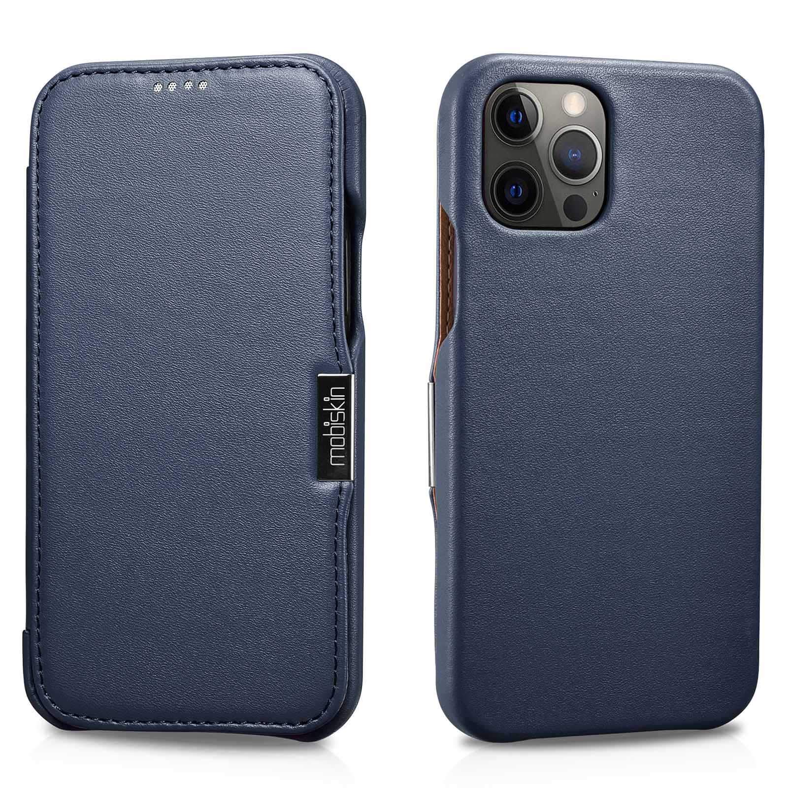 Mobiskin case compatible with Apple iPhone 12 PRO MAX (6.7 inch), cover with genuine leather, book-style protective phone case, ultra-slim folio, thin wallet, blue