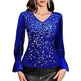 HomRain Womens Long Sleeve Sparkle Velvet Top Casual Shirts V Neck Glitter Night Out Tops for Elegant Evening