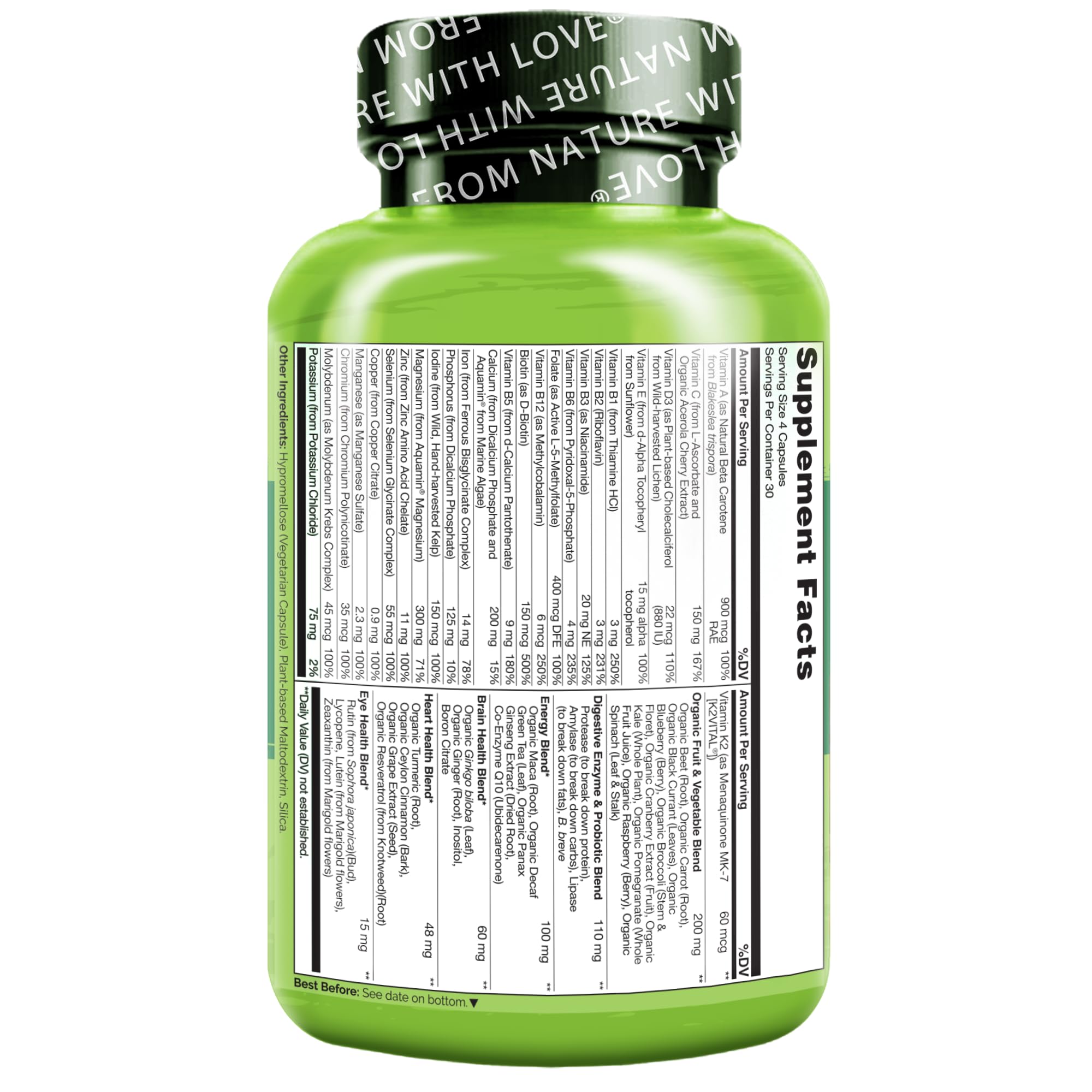 NATURELO Whole Food Multivitamin for Women - with Vitamins, Minerals, & Organic Extracts - Supplement for Energy and Heart Health - Non GMO - 120 Vegan Capsules