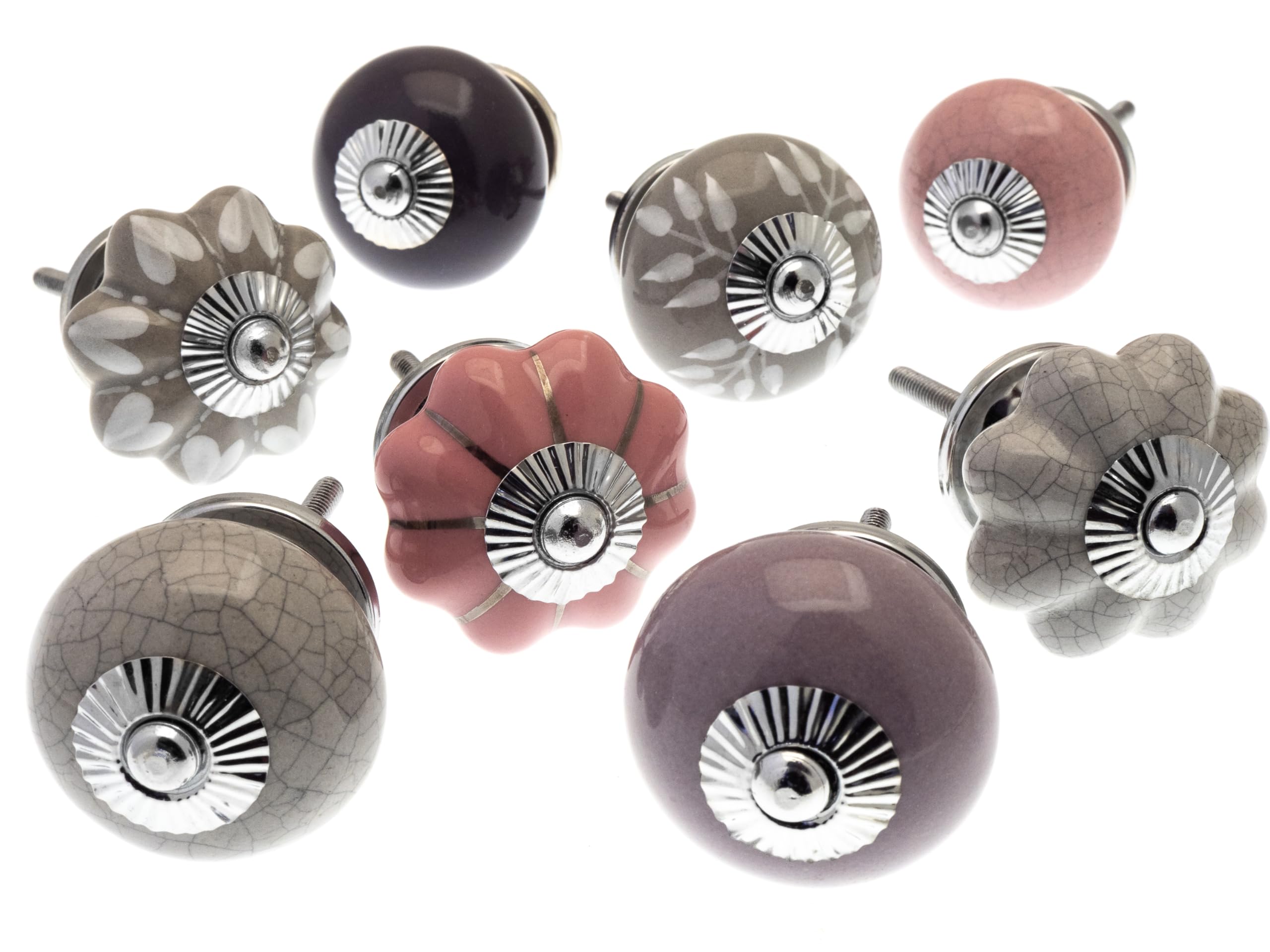 Mango Tree Cupboard Knobs - Decorative Pinks, Greys and Purples with Patterns Ceramic Door and Drawer Handles – Vintage Home Décor Set of 8