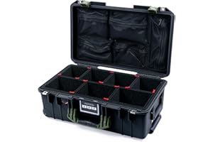 Pelican Air 1535 Carry-on Case by ColorCase - Black - Medium Size Waterproof Case with TrekPak Divider System & Mesh Lid Organizer - OD Green Handles & Latches