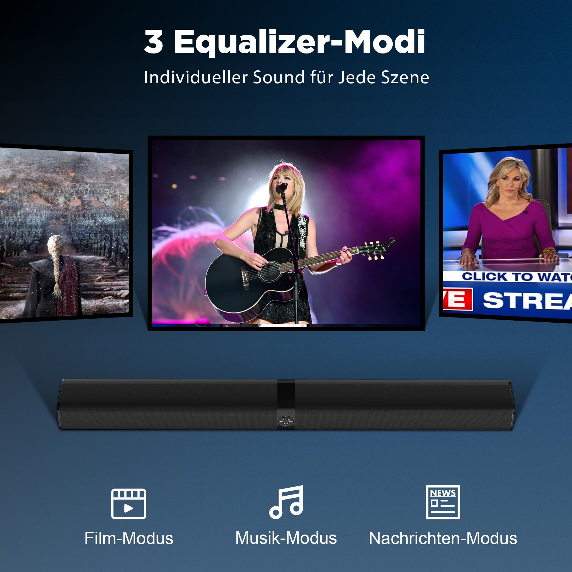 GarageRock Soundbar für TV Geräte, Teilbare 2-in-1 Set of TV Soundbar, Auto-Volume-Boost, 3 Sound Modi, Surround Soundsystem, Bluetooth 5.3, ARC/Opt/Aux, TV Lautsprecher für Fernseher, Monitor, 1pcs 3